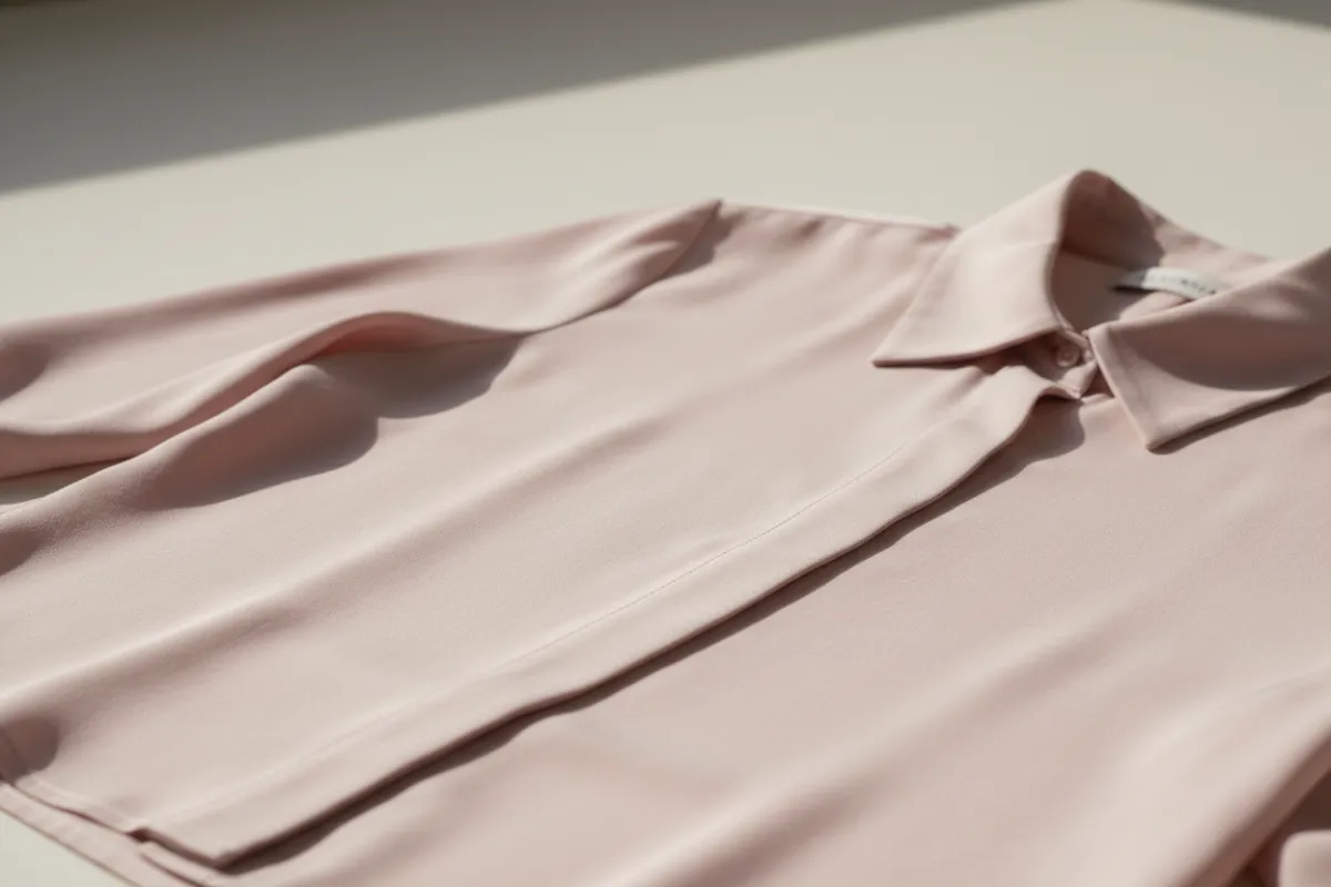 Detalle de blusa de seda rosa claro, costuras finas, textura suave, fondo neutro, luz natural, enfoque en la tela y el acabado, sin modelo visible