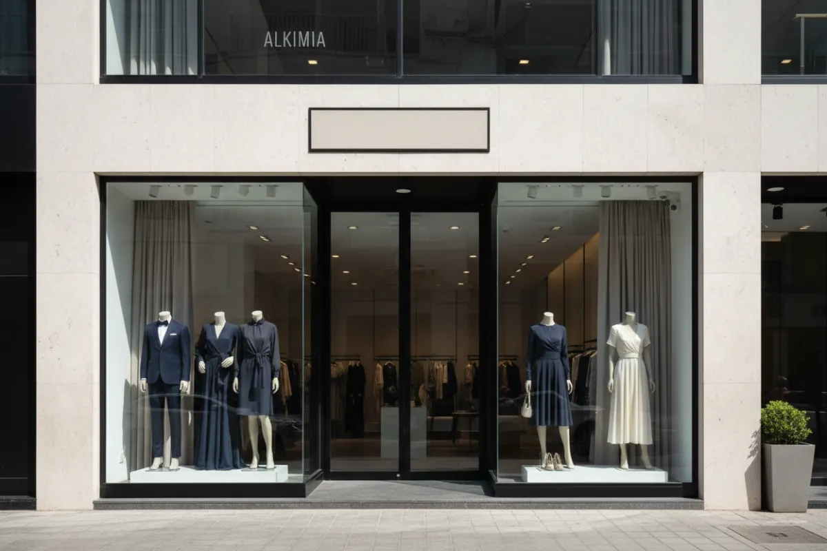 Fachada de la tienda Alkimia en Caracas, vitrinas con prendas elegantes, letrero minimalista, ambiente moderno, luz natural, composición horizontal, sin personas