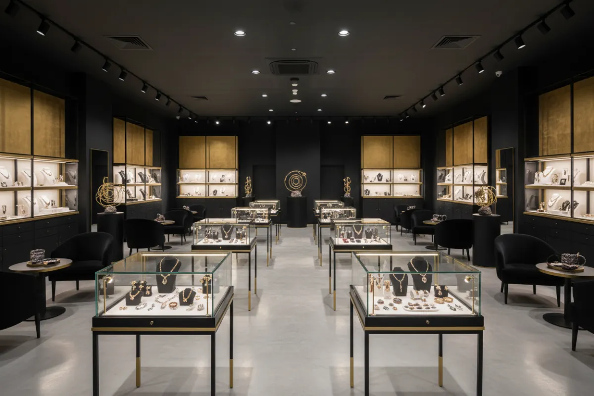 Interior de tienda ABALORIO con vitrinas y accesorios