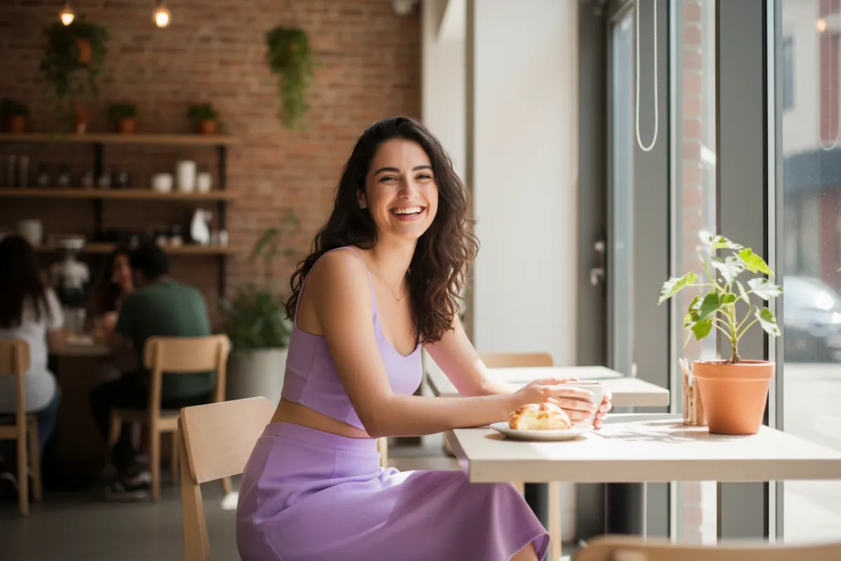 Joven con falda midi y top lila de Alkimia, fondo de cafetería moderna, expresión alegre, luz natural, composición horizontal, estilo espontáneo