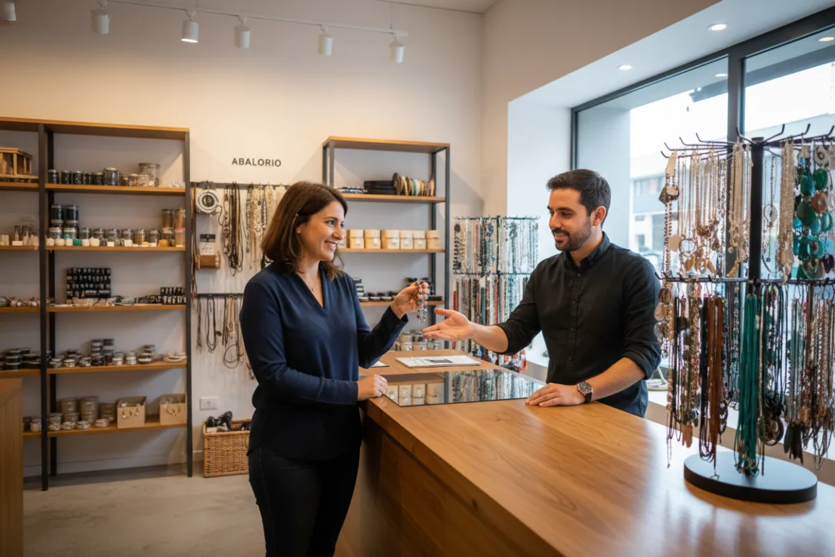 Cliente consultando accesorios con asesor en tienda ABALORIO
