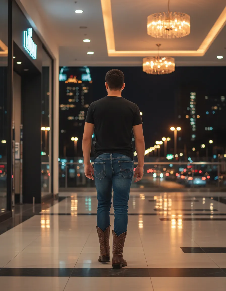 Cliente mostrando botas cowboy en centro comercial
