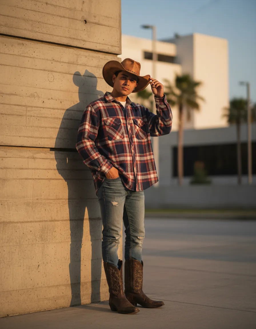 Cliente posando con sombrero y botas en ambiente urbano