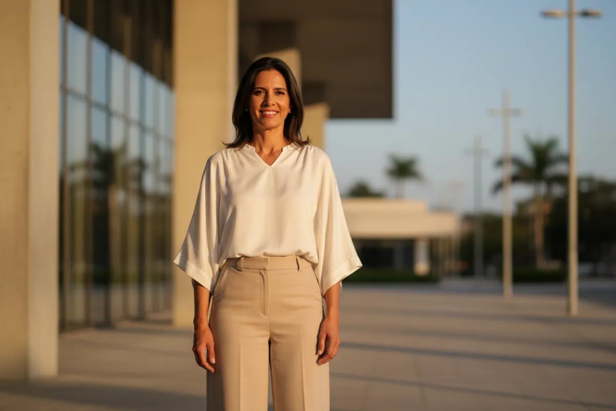 Mujer adulta con blusa blanca y pantalón beige de Alkimia, fondo urbano minimalista, sonrisa natural, luz de tarde, composición horizontal, estilo lifestyle