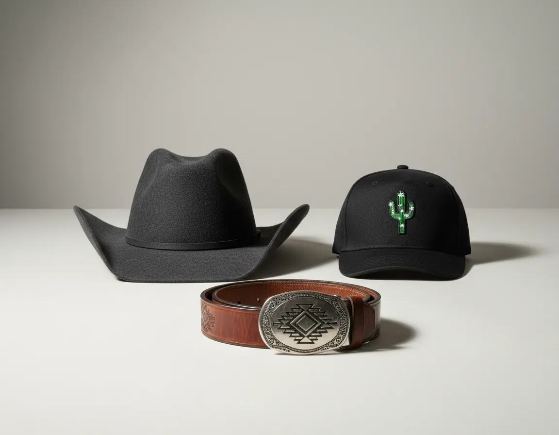 Sombreros, gorras y accesorios cowboy en fondo claro