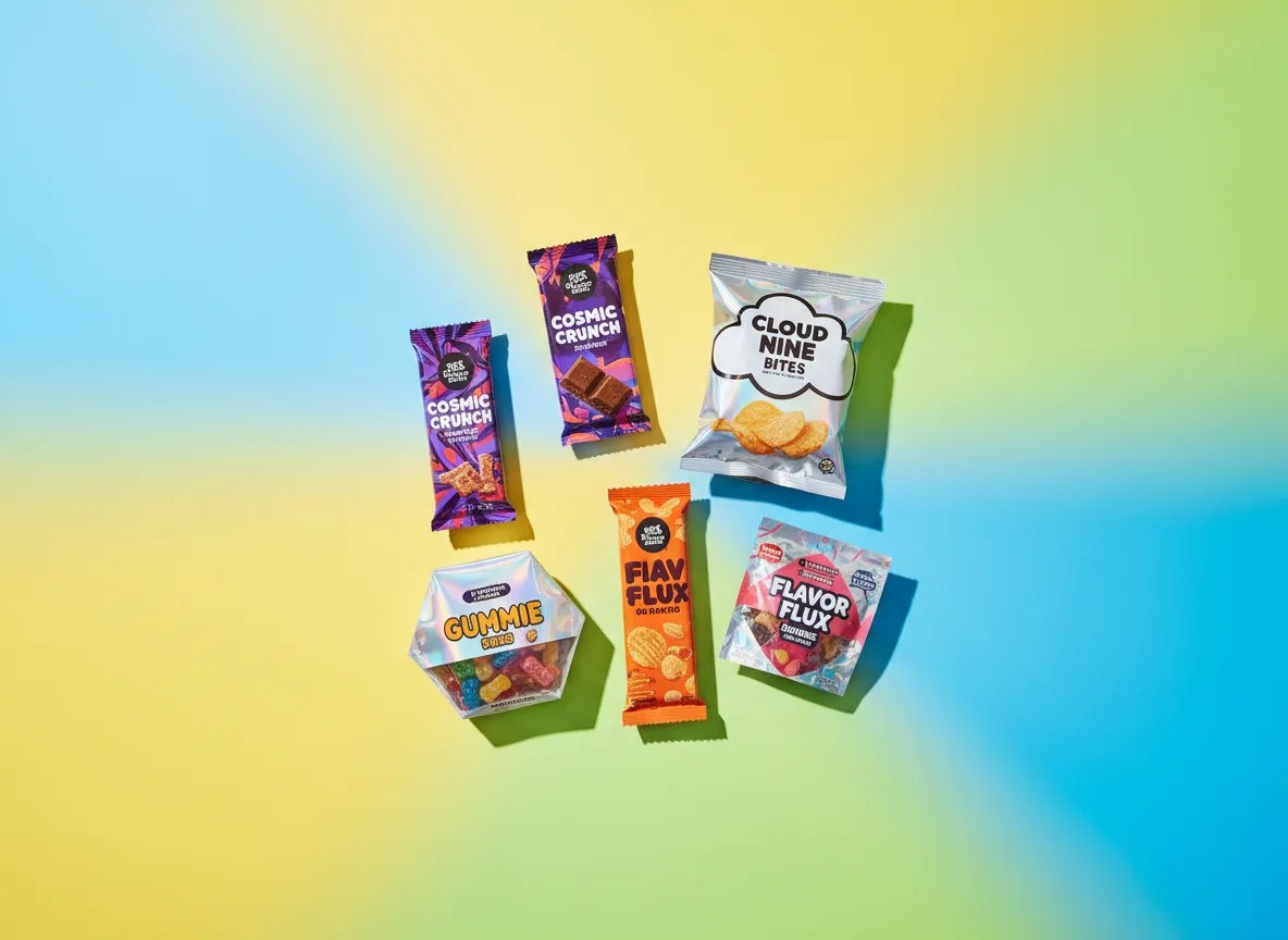 Variedad de snacks MrBeast y dulces sobre fondo colorido