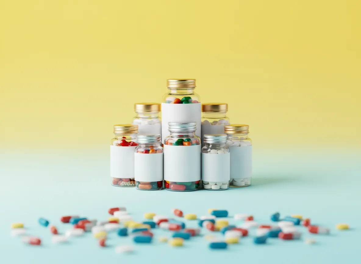 Frascos de vitaminas Centrum sobre fondo colorido