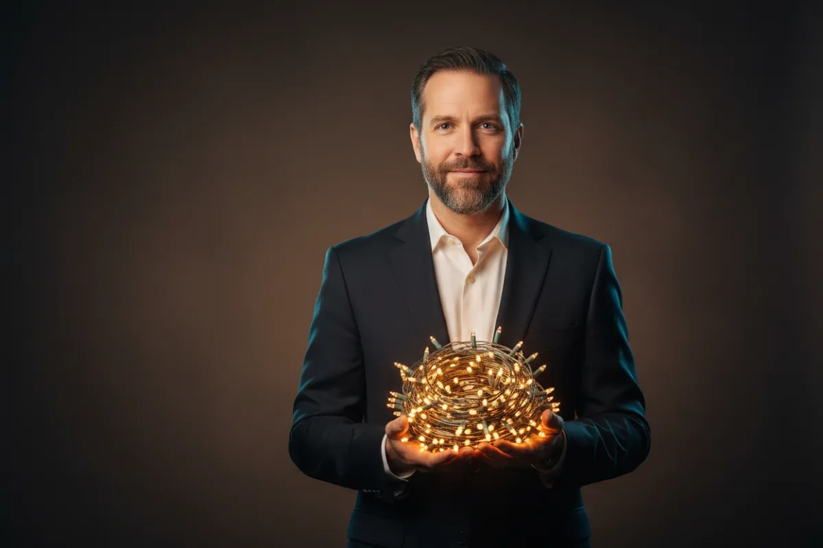 Kirk Brown holding holiday lights