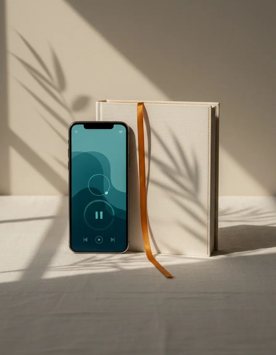 High-end digital mockup of the audio library and workbooks on a serene minimalist surface