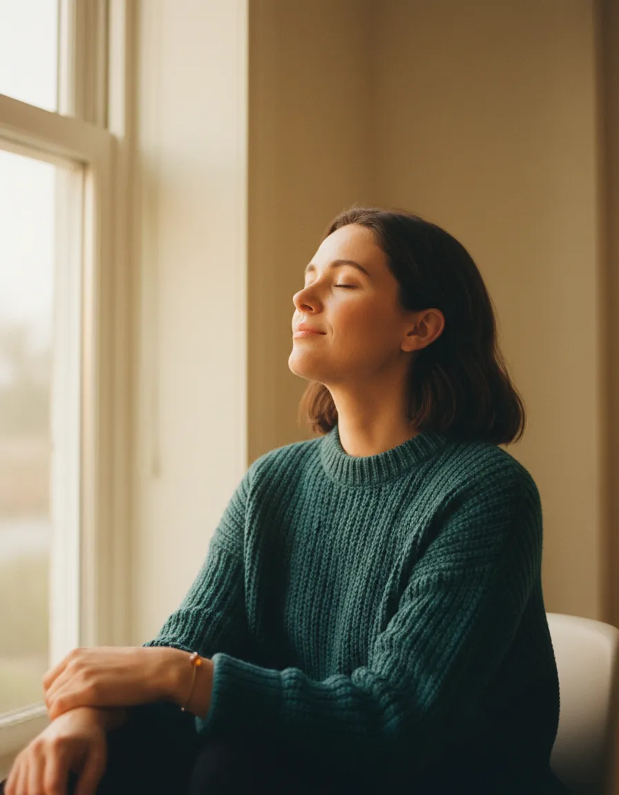 Person exhaling deeply by a window, finding a moment of calm