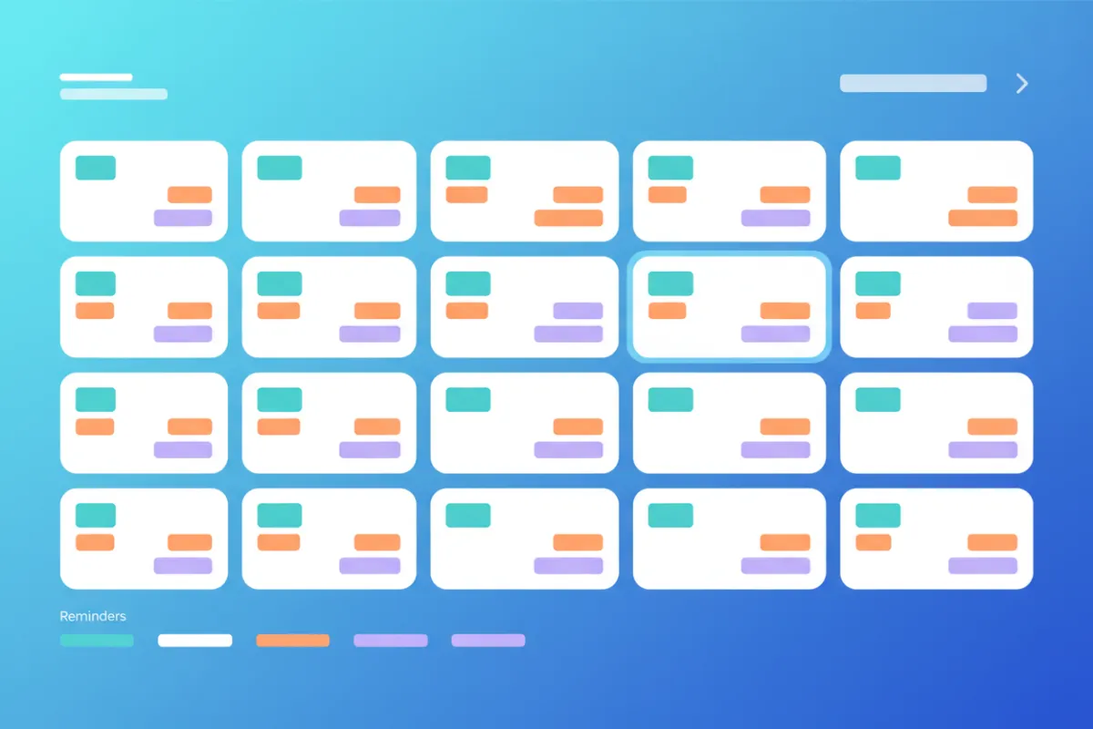 A digital calendar interface displaying color-coded events, reminders, and a monthly overview. The background features a blue gradient, and the design is modern and uncluttered, focusing on usability and clarity. No people are present.