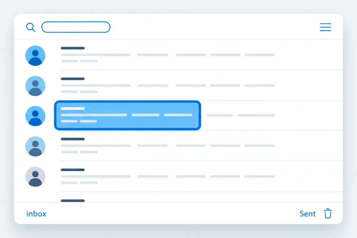 A digital inbox interface with message previews, sender avatars, and a highlighted unread message. The design is clean, with blue accents and a white background, evoking a sense of clarity and organization. No people are visible.