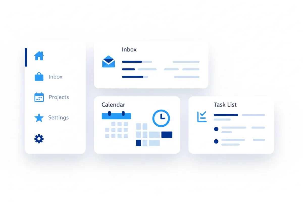 A modern dashboard interface showing widgets for inbox, calendar, and task list, with a clean blue and white color scheme, and subtle shadows for depth. The layout is uncluttered, with clear navigation on the left and main content on the right.