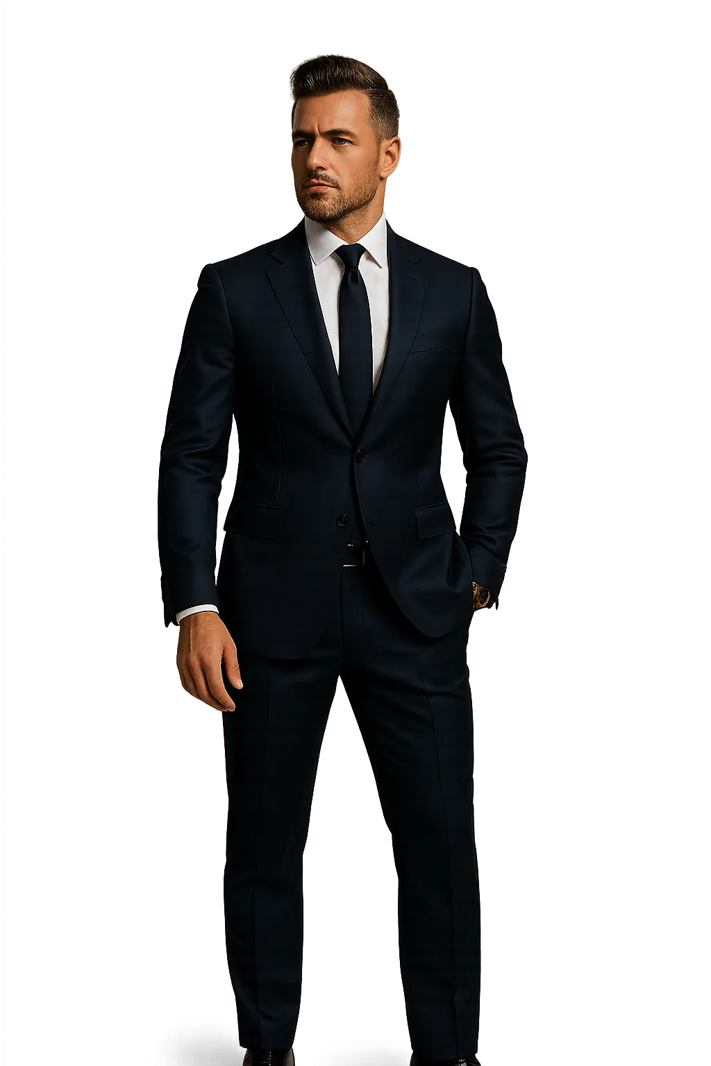 Confident finance and insurance executive in a tailored navy suit representing professional legacy