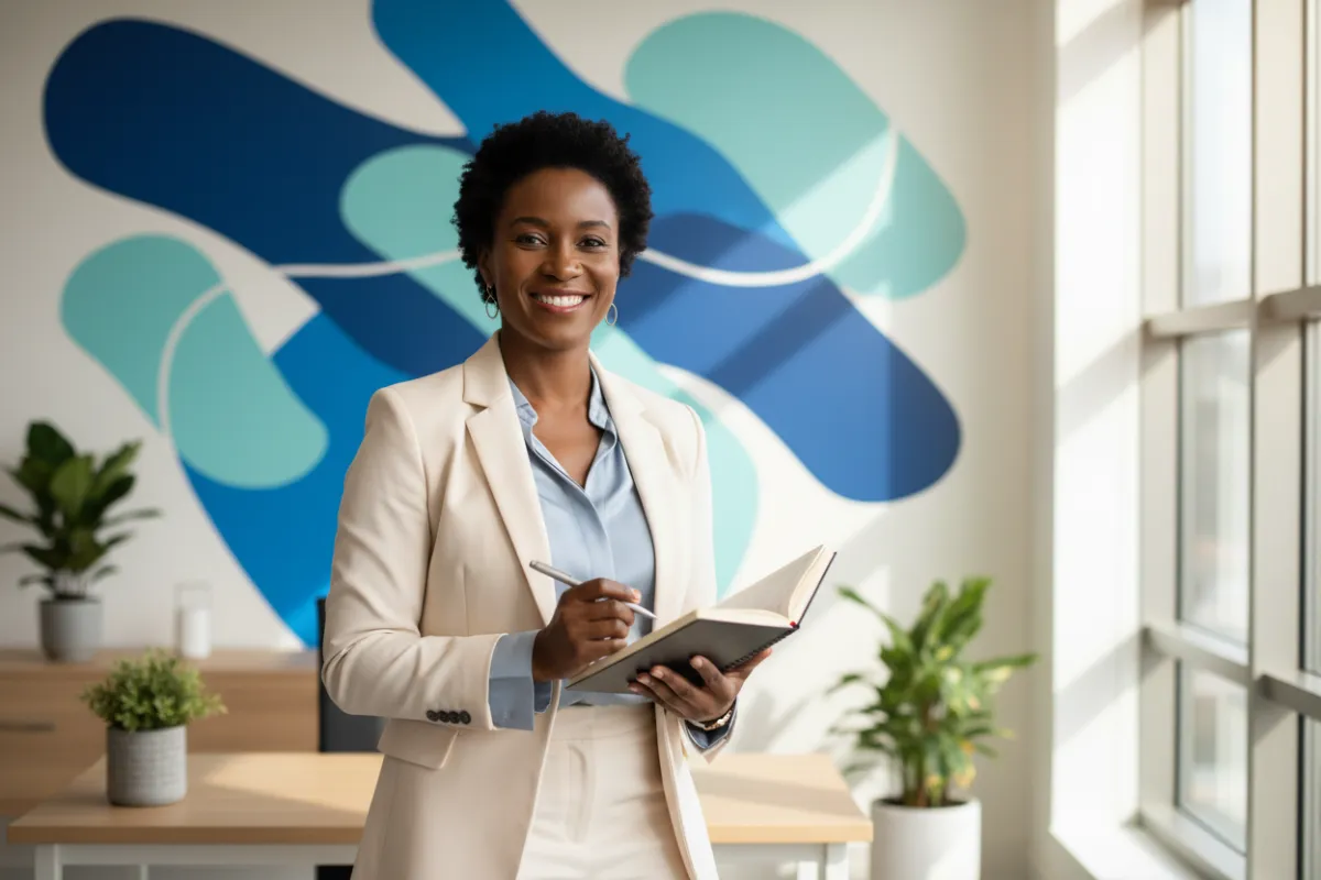 A confident therapist stands in a sunlit, modern office, holding a notebook and smiling with assurance. The background features abstract blue and teal shapes, symbolizing transformation and clarity. The therapist is mid-30s, Black woman, professional attire, exuding empowerment and optimism.