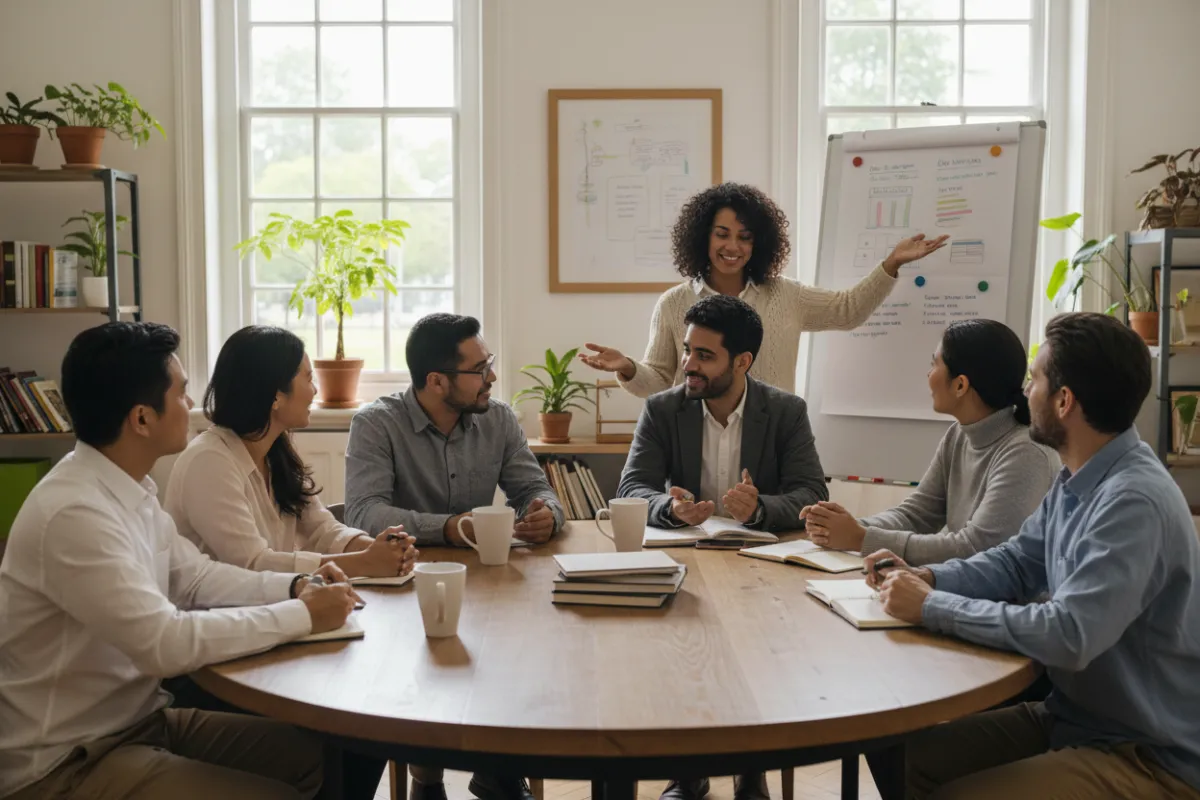 A diverse group of therapists, including men and women of various ages and ethnicities, collaborate around a table in a bright, welcoming workspace. They are engaged in discussion, sharing ideas, and supporting each other, symbolizing community and empowerment.