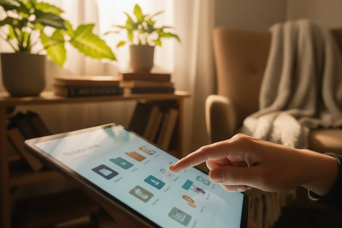 A close-up of a digital tablet displaying a resource library, with a hand reaching to select a document. The background shows a cozy, softly lit workspace with plants and books, evoking a sense of support and accessibility.