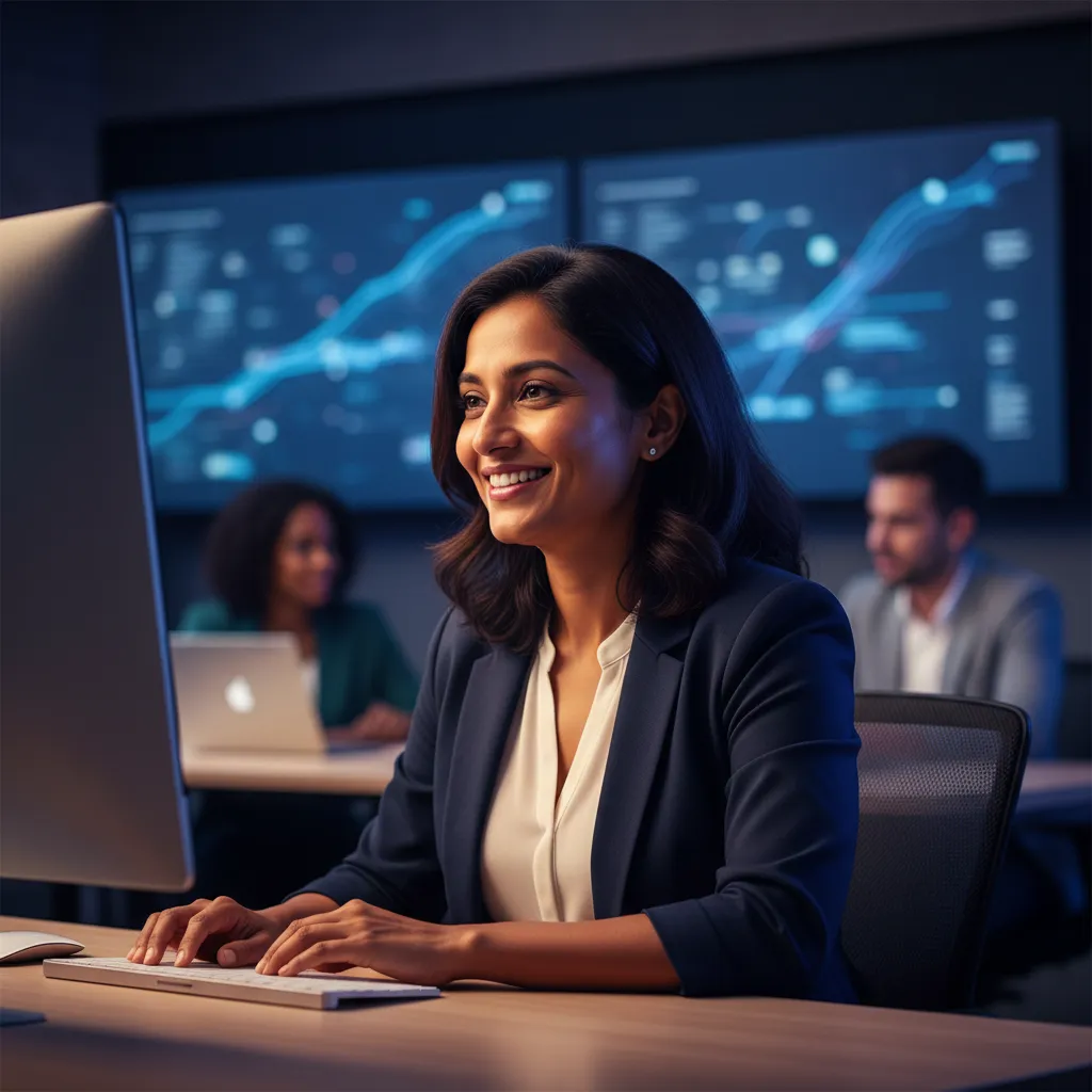 Indian customer success manager smiling warmly at screen, demonstrating AI empathy