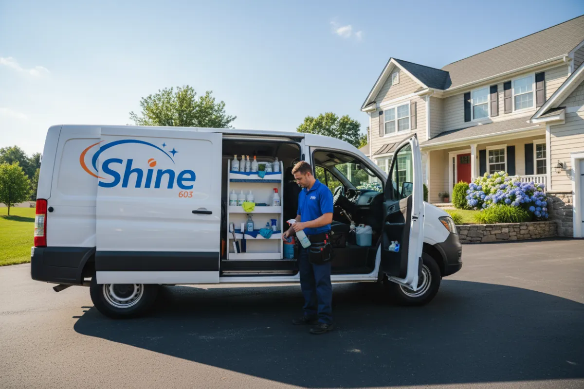 603 Shine mobile service van parked in a suburban Upper Valley driveway with a technician preparing supplies.
