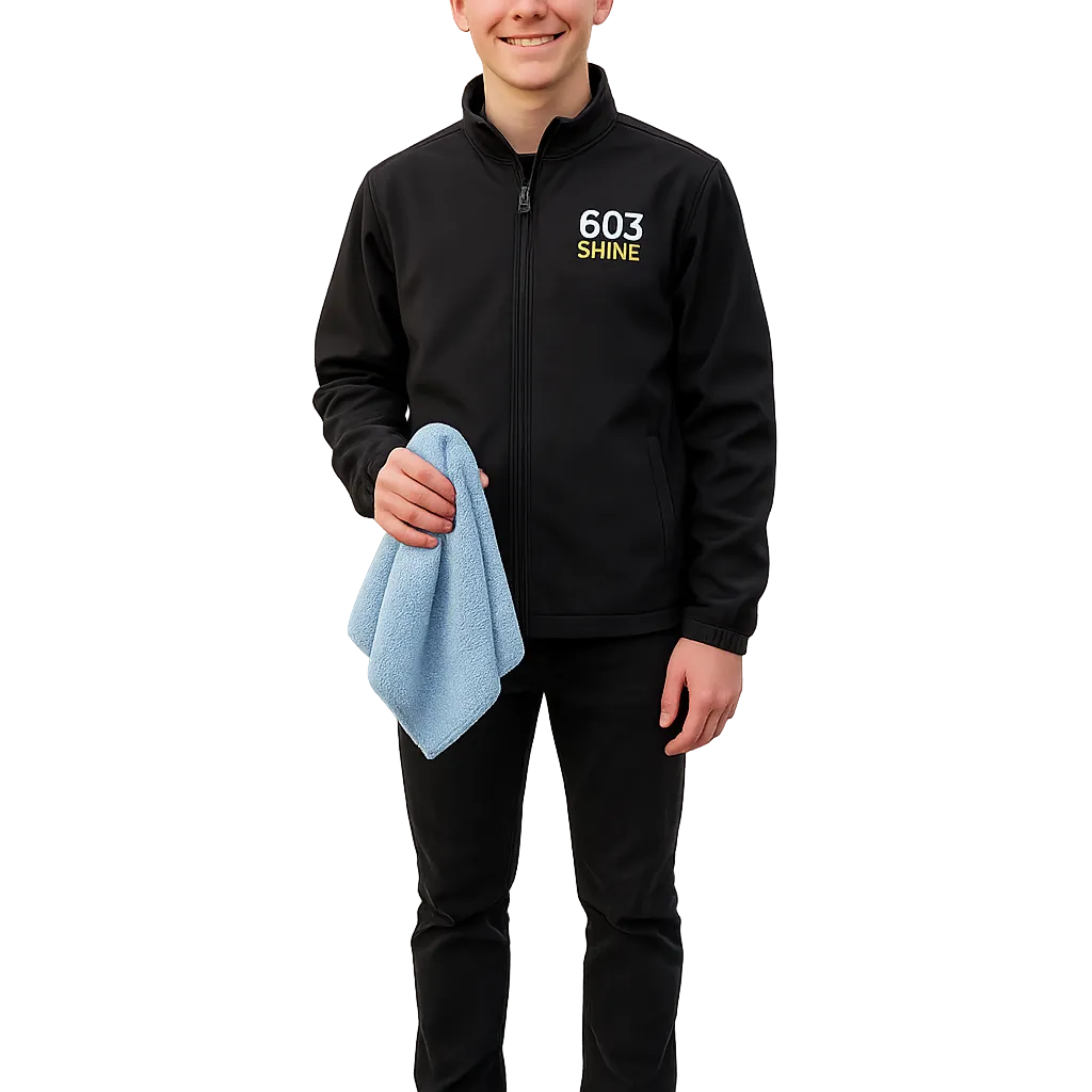 Tim from 603 Shine, a young mobile car detailing entrepreneur, smiling in a 603 Shine jacket and holding a microfiber towel.