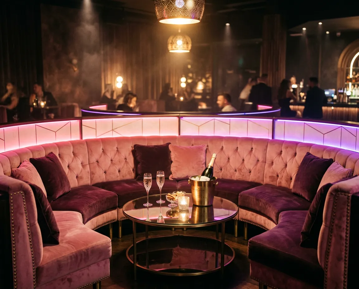 Opulent pink velvet VIP booth with neon club lighting at Cheeky Ladies Only Club