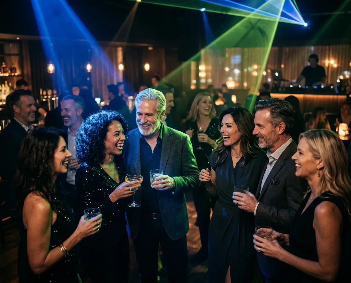 Stylish over 30s adults laughing and socializing in an upscale ambient nightclub lounge