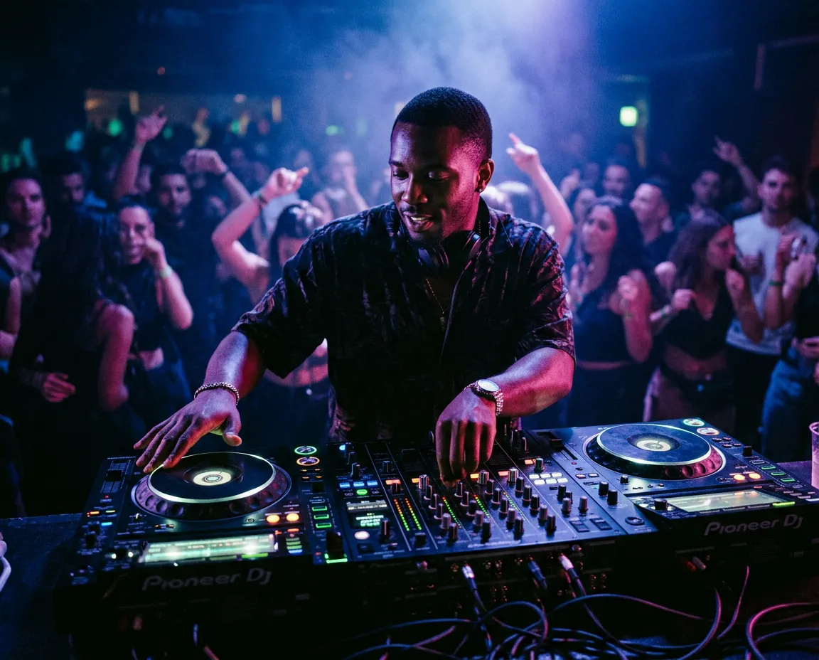 DJ turntable and club soundstage with vibrant blue concert lighting and 30s party crowd
