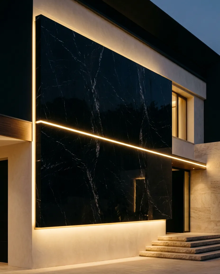 Luxurious architectural villa facade with gold lighting accents representing high-yield real estate assets