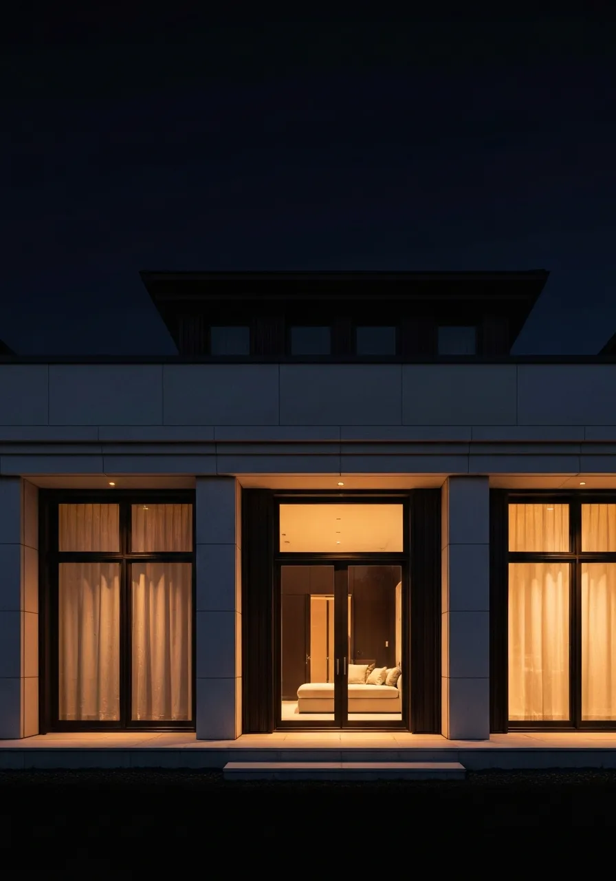 Luxury real estate property photographed at twilight showcasing premium architectural details