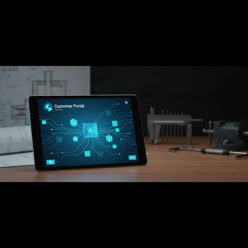 Tablet auf Werkbank mit AnfrageBot Kundenportal