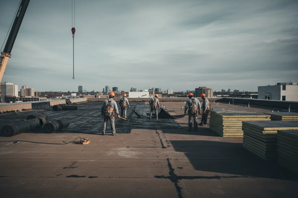 Roofing crews working