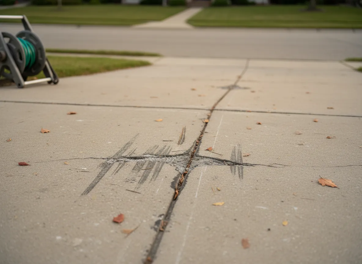 Scratched and gouged concrete from a typical dumpster rental without protection