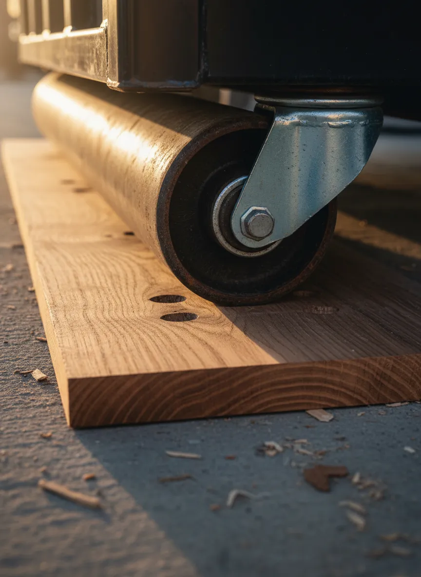 Tight crop photo of a hardwood protection board sitting safely under a heavy dumpster roller