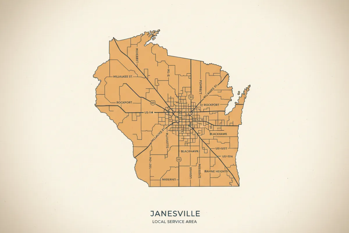 Map of Janesville showing local service area for dumpster rentals