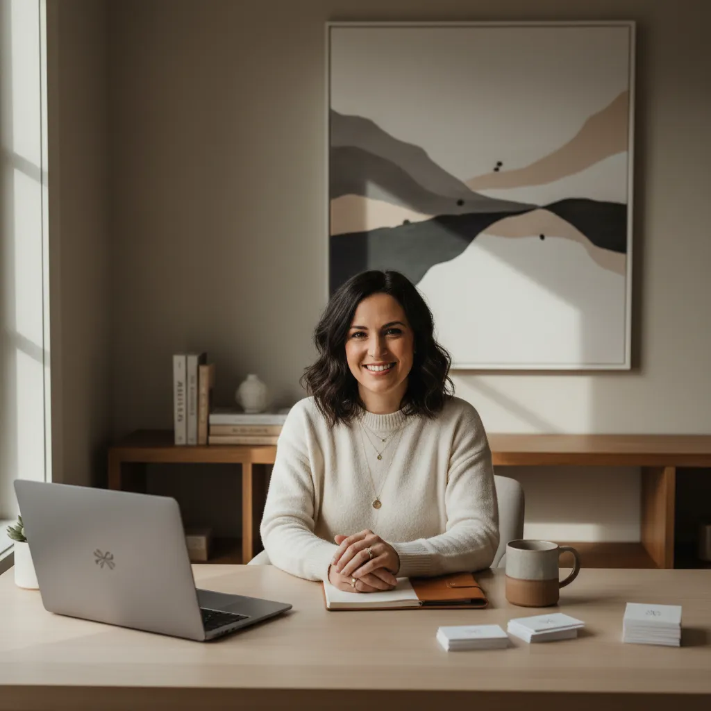 Female founder, early 30s, smiling portrait waist-up in a minimalist home office with soft natural light and neutral tones; photorealistic, subtle brand accents, expertise, friendliness, and hands-on small business support.
