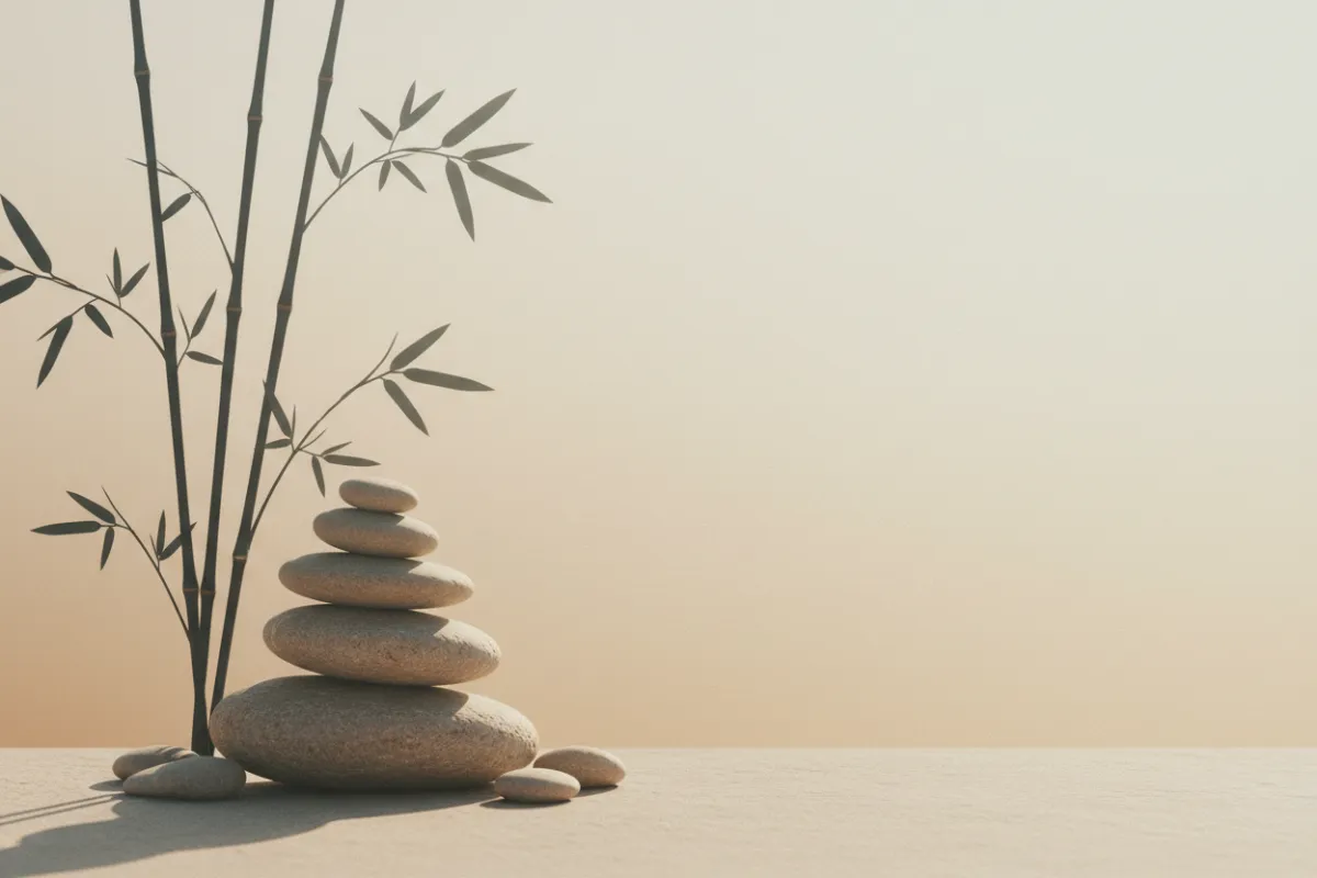 Minimal Japanese zen composition: stacked river stones, bamboo silhouette, soft morning light, muted warm tones