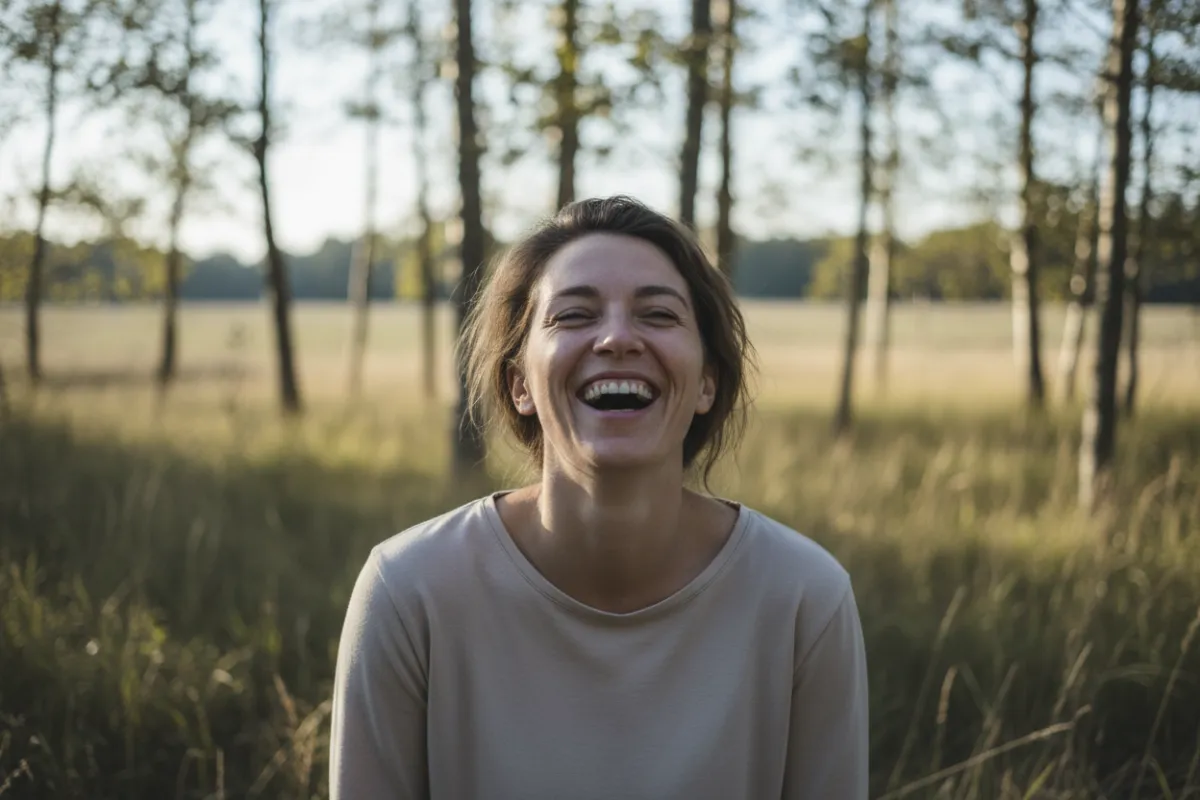 Person laughing joyfully in a natural setting — clinical, minimal style