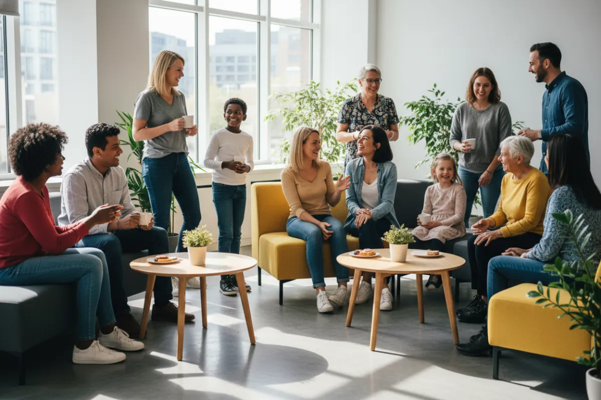 A lively group of people of various ages and backgrounds gathered in a bright, open space, chatting and laughing together. The setting features modern furniture with yellow and gray accents, creating a welcoming and energetic community vibe.