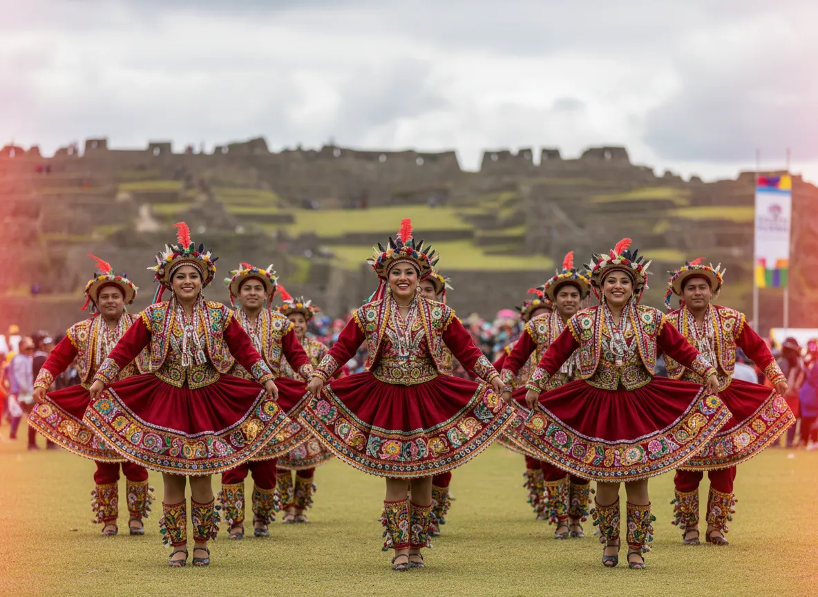 Tusuy Sonqo Peru performers in traditional vibrant cultural costumes