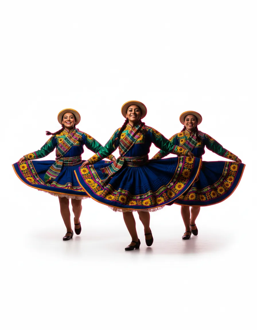 Peruvian dancers performing in vibrant traditional costumes