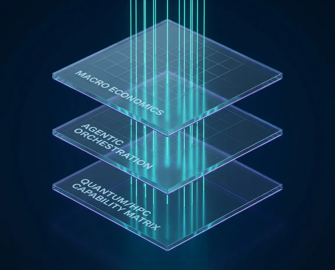Technical 3-layer architecture diagram for the Asynchronous Agentic Harness with quantum network integration