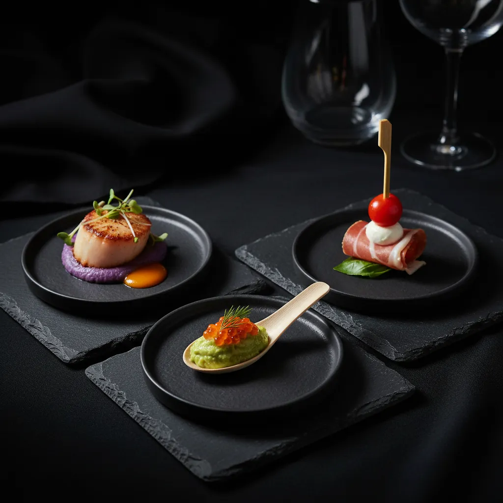 Plated samples used at events, close detail to highlight presentation and garnishes.