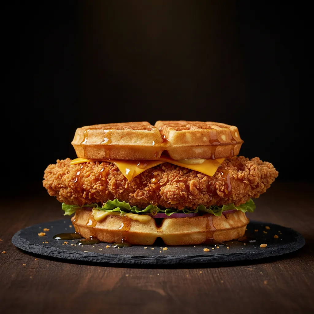 Crispy chicken waffle burger on a dark background