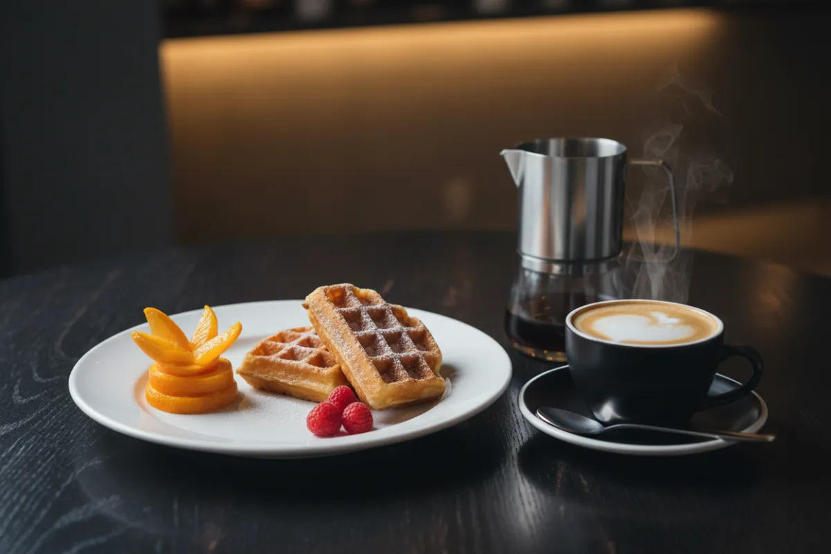 Plated brunch spread with waffles, coffee, and orange slices on a dark table.