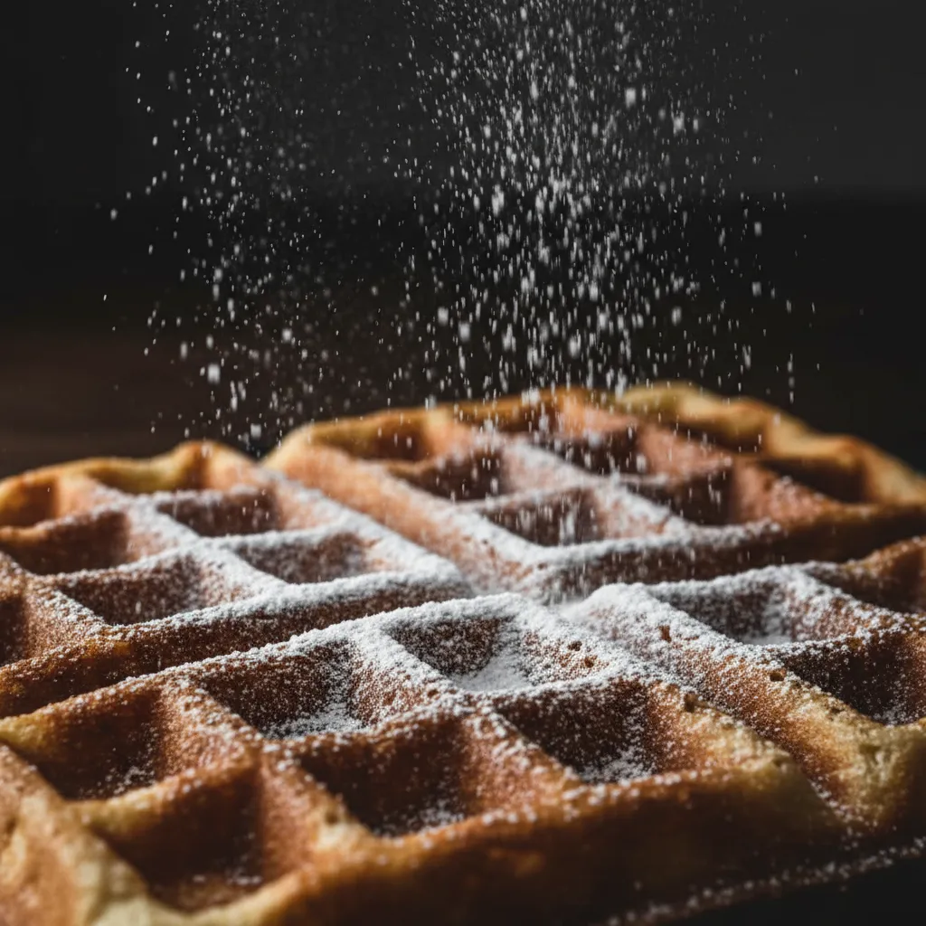 Square close crop of powdered sugar falling onto a waffle mid-sprinkle, motion captured and textured surface emphasized.