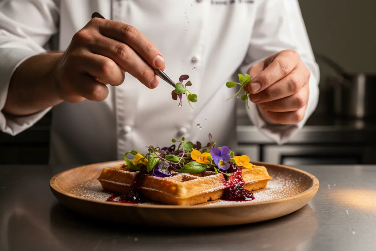 3:2 tile of a chef garnishing a waffle with micro-herbs and edible flowers, motion and detail focus.