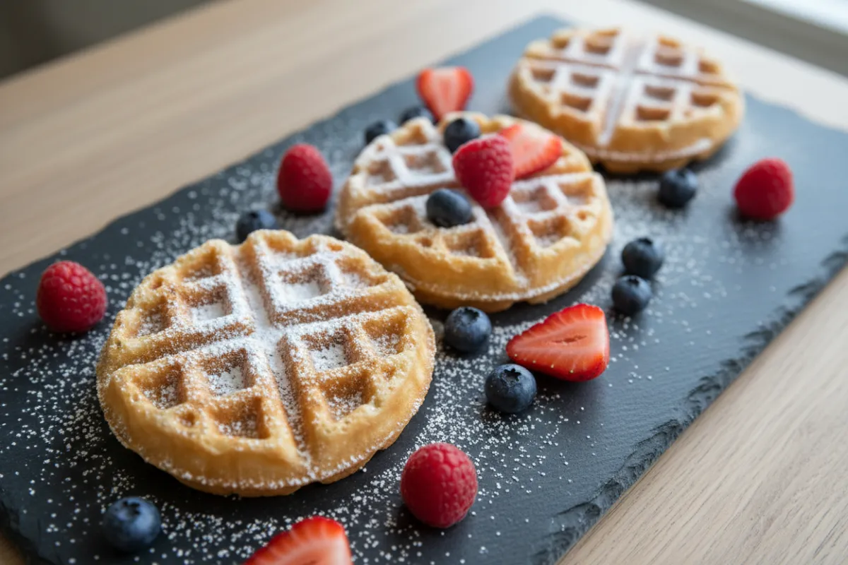 Flatlay of three mini sweet waffles with berries and powdered sugar.