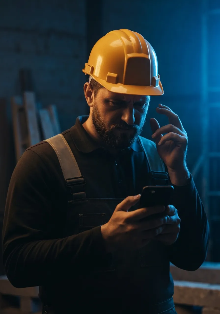 Frustrated contractor holding phone