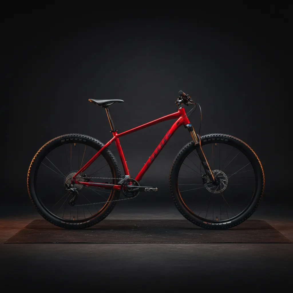 Red mountain bike on dark background