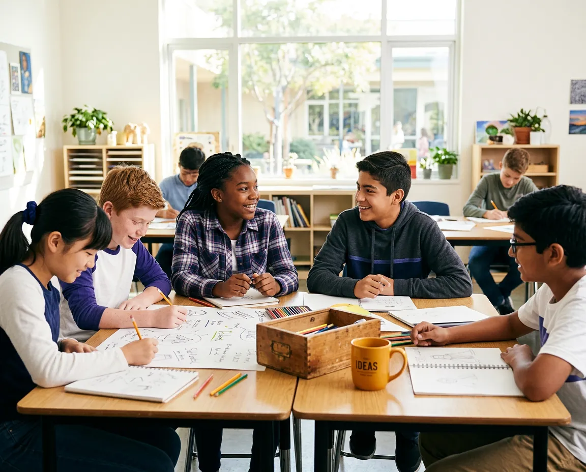Diverse group of middle school students collaborating positively in a supportive classroom environment